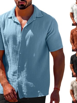 Polo Collar Solid Color Short Sleeve Button Men's Linen Shirts