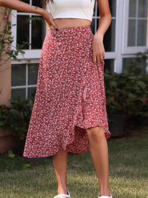 Women Ditsy Floral Midi Skirt High Waist A Line Flowy Ruffle Hem Casual Boho Skirt For Summer