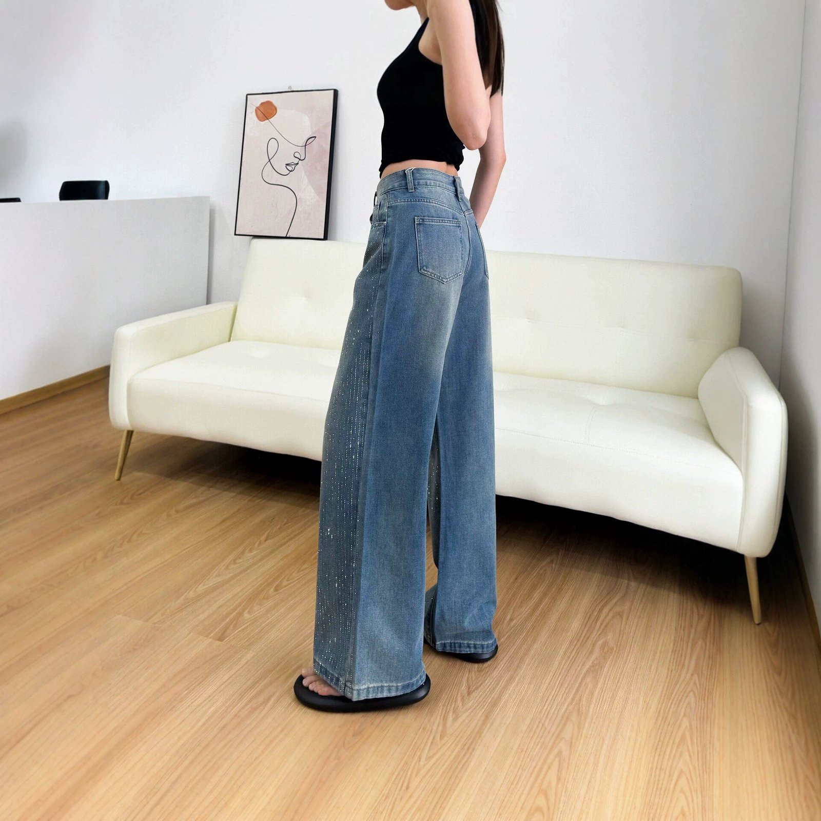 Womens Fashionable Rhinestone-Embellished Loose-Fit Straight-Leg Jeans ā Image 3
