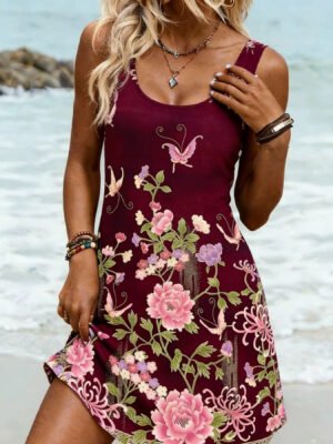 Supports Multi-Platform Dropshipping, Cross-Border Summer Women's Elegant Midi Dress With 3D Print, U-Neck, Sleeveless, Mid-Length Dress
