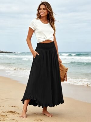 High-waisted Elastic-waist Long Skirt With Ruffled Hem