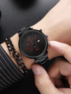 Simple Trend Three-eye Calendar Alloy Band Quartz Watch