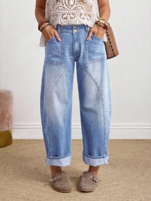 Womens Retro Loose-fit Straight-leg Denim Jeans