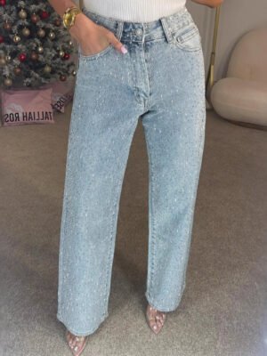Womens Full-rhinestone Washed High-waist Straight-leg Jeans