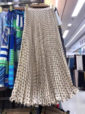 Chiffon Polka-dot Pleated Skirt With Lace Trim A Wide-flared Midi-length Design