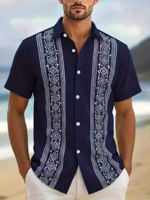 Hawaii New Style Lapel Striped Short-Sleeve Shirt For Men
