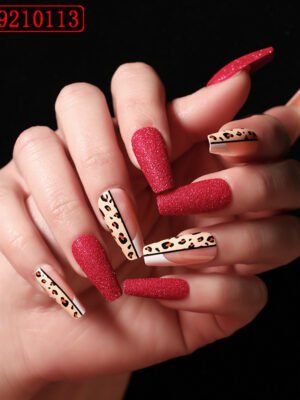 Red   Color Leopard Print Ballet False Nails