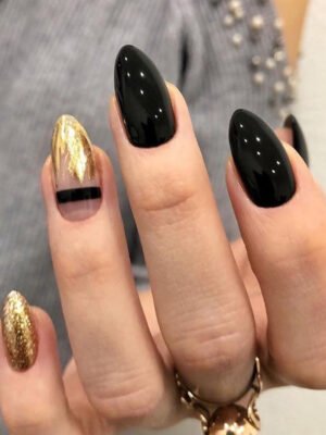 Black Gold Glitter Pointed Wear Nail Art Finished Fake Nails