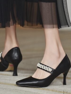 Fashion Stiletto Soft Leather Pearl High Heels