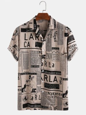 3xl Men Shirts Vintage Newspaper Print Hawaiian Shirt