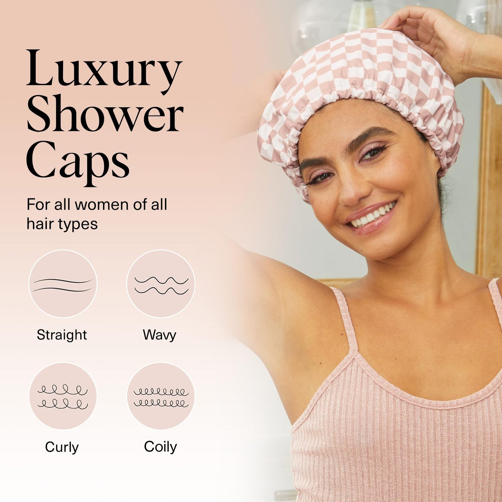 Three-layer Waterproof Shower Cap Lined With A Plaid Pattern ā Image 6