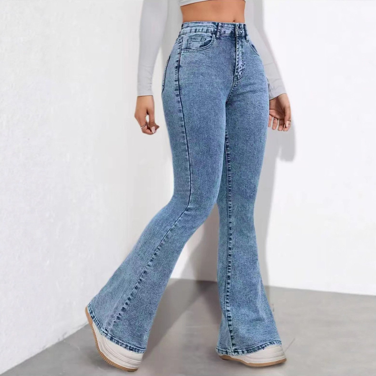 High-waisted Stretch Slim-fit Faux Denim Print Pants – Image 4