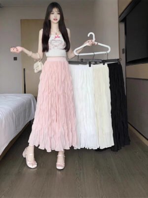 White Elastic-waist A-line Skirt