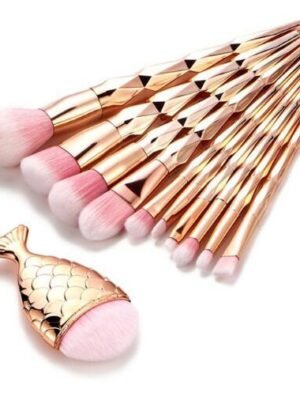 11Pcs Diamond Rose Gold Makeup Brushes Set Mermaid Fishtail Shaped Foundation Powder Cosmetics Brush Rainbow Eyeshadow Brush Kit
