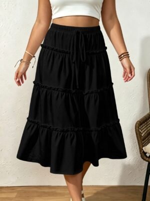 Drawstring Elastic Waist Loose Slimming Midi Tiered Skirt