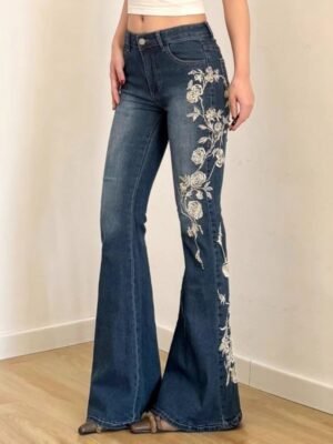 Retro 3D-printed Faux Denim Womens Pants