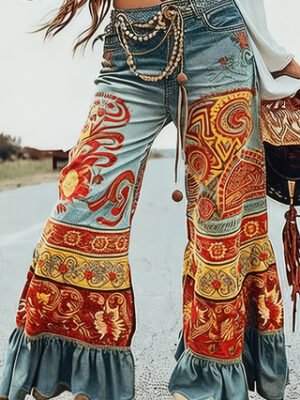 Ladies' Casual And Fashionable Retro Printed High-waisted Single-button Flared Pants, Comfortable Fake Jeans Can Modify The Leg Shape