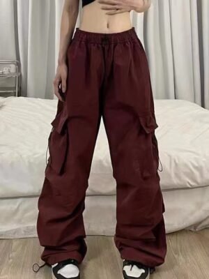 American-style Vintage Work Pants For Men And Women, Summer Versatile Straight-leg, Drapey, Cuffed, Loose Wide-leg Casual Pants-Burgundy