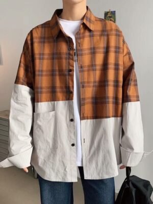 Autumn Japanese plaid stitching shirt men