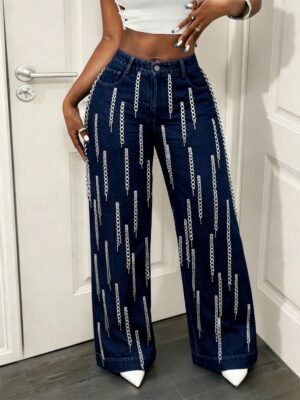Retro Floral Print High-waisted Wide-leg Casual Women's Denim Trousers