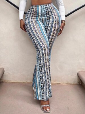 Womens Multi-color Ethnic-style Printed Striped Flared Pants High-waisted Slim-fit And Versatile