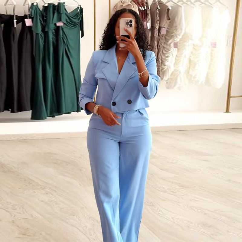 Solid Color Polo Collar Suit Top Wide-leg Pants Casual Suit – Image 3