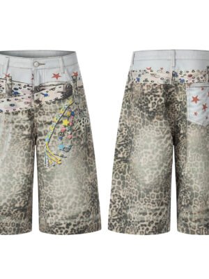 Retro Leopard-Print Wide-Leg Cropped Denim Pants Womens Loose Casual Style