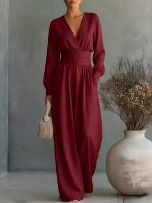 Fitted-waist V-neck Long-sleeve Womens Solid-color Jumpsuit
