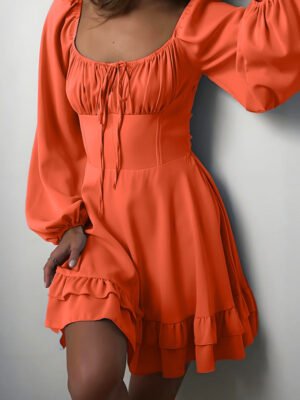Womens Solid-color Square-neck Waist-cinching Dress