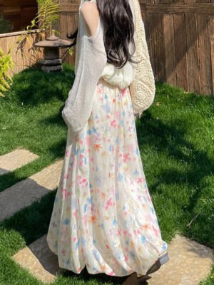 Contrast-color High-waisted Cloud-patterned Midi Puffy Skirt