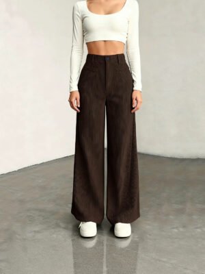 European And American Style, Autumn Collection, Solid-color Wide-leg Pants, High-waisted, With Faux Pockets, Flowing Straight-leg Design, Casual And Versatile, Suitable For Work And Everyday Wear, Wom