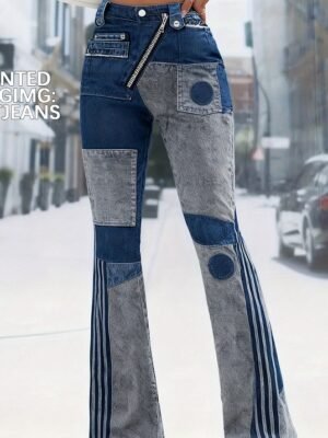 Ursime Zipper Button Flare Leg Patchwork Pants