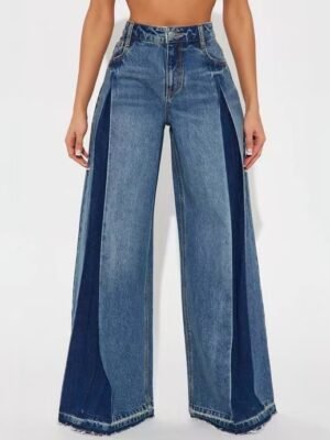 Womens Contrasting-Color Loose-Fit Stretch Wide-Leg Jeans