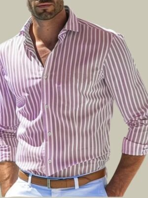 Ins Stripe Printed Long Sleeve Shirt Men Fashion Casual Lapel Button Top Clothing