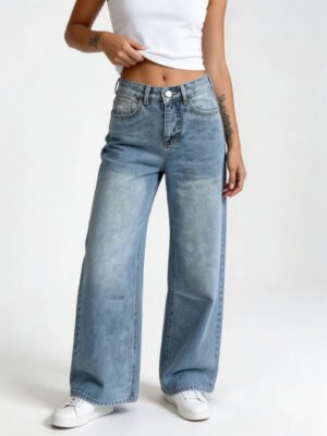 Retro-style Fashionable Loose-fit High-waisted Wide-leg Straight-leg Womens Denim Trousers