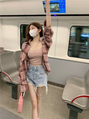 Polo Collar Plaid Shirt Jacket Women's