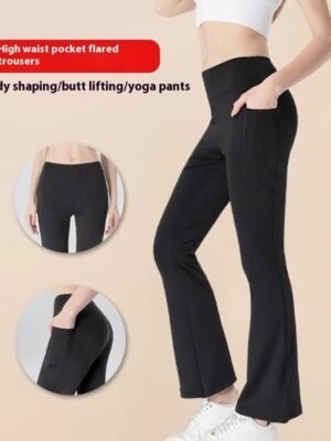 Ladies Mid Waist Abdominal-shaping Slimming Cropped Pants Casual Pocket Bootcut Trousers