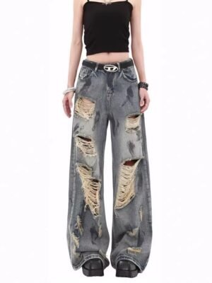 American-style Vintage Post-apocalyptic Distressed Ripped Denim Jeans