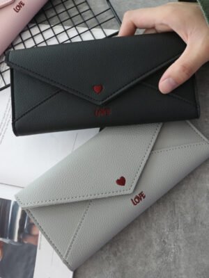 Women's Long Heart-shaped Letter Embroidery Line 2 Fold Multifunctional Simple Wallet Student Multifunctional Wallet