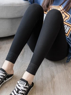 High-waisted Threaded Slim-fitting Thickened Warm Leggings