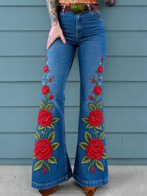 Vintage Rose Embroidered Flared Jeans