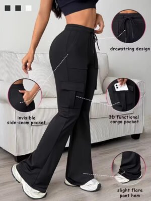Cross-Border Exclusive Supply Of European And American Style High-Waisted Drawstring Flared Cargo Pants For Women, Loose Wide-Leg Multi-Pocket Casual Long Pants