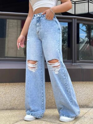 Ripped Washed Jeans Loose Straight Wide Leg