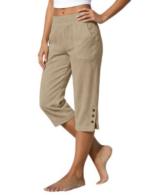 Summer European And American Women's Cotton-Linen Capri Pants, High-Waisted Loose Straight-Leg Pants With Slits And Buttons, Casual Pants For Women, Cross-Border