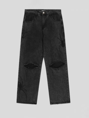 Dark Spider Embroidery Ripped Jeans For Men