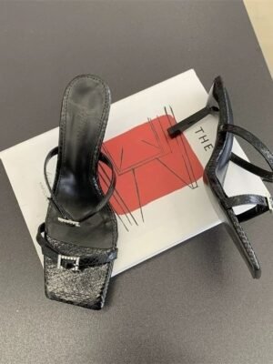 2025 Summer Women's Black Square Toe Thin Heel Open Toe Sandals Casual Versatile High Heels