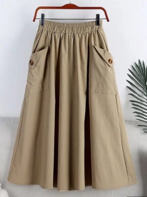 Pocketed Elastic-waist Midi-length Flared A-line Skirt
