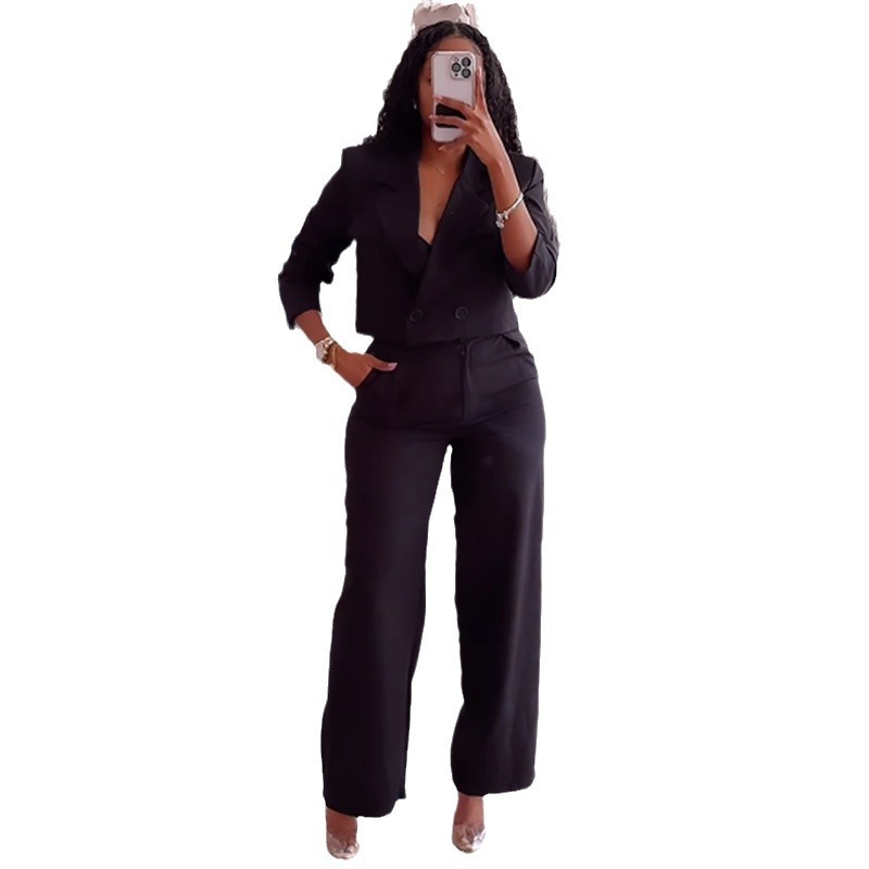 Solid Color Polo Collar Suit Top Wide-leg Pants Casual Suit – Image 4