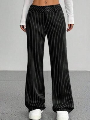 European And American Cross-Border Striped Loose Casual New Mid-Waist Wide-Leg Suit Trousers Straight-Leg Pants
