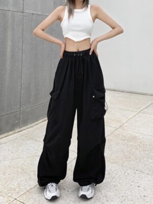 Modern American-style Vintage Work Pants For Men And Women, Summer Versatile Straight-leg Pants With A Relaxed Drape, Drawstring Cuffs, And Wide-leg Casual Style-black